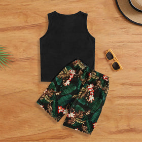 Boys Black Tropical Printed Sleeveless Vest With Shorts Set 2 pc. Sets