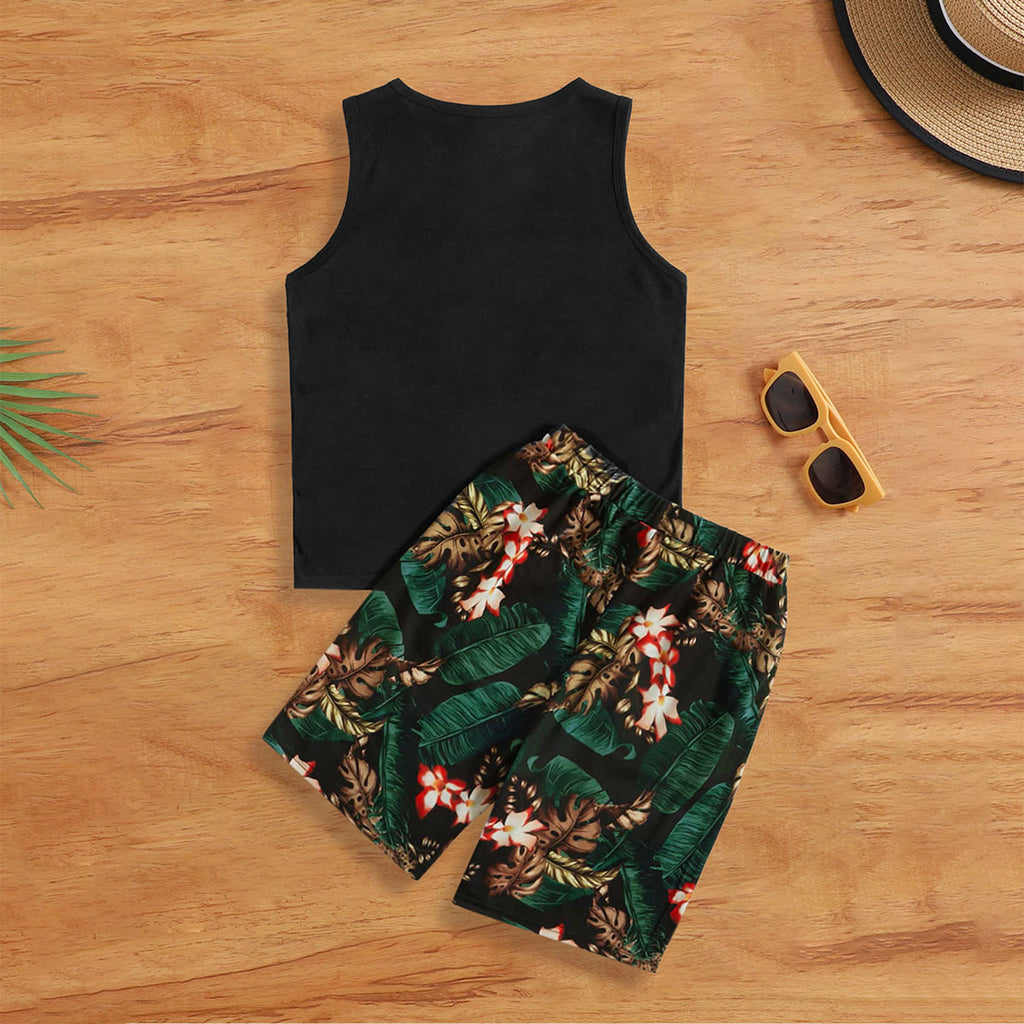 Boys Black Tropical Printed Sleeveless Vest With Shorts Set 2 pc. Sets