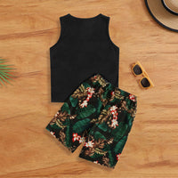 Boys Black Tropical Printed Sleeveless Vest With Shorts Set 2 pc. Sets
