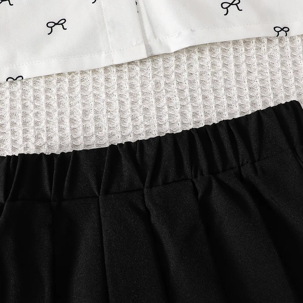 Girls White Bow Print Peter Pan Collar Top With Elasticated Skirt Sets Sets