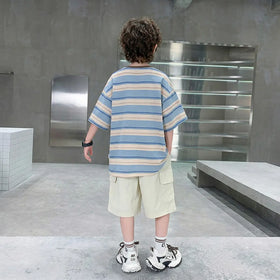 Boys Blue Striped Oversized T-Shirt With Shorts Sets Sets