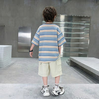 Boys Blue Striped Oversized T-Shirt With Shorts Sets Sets