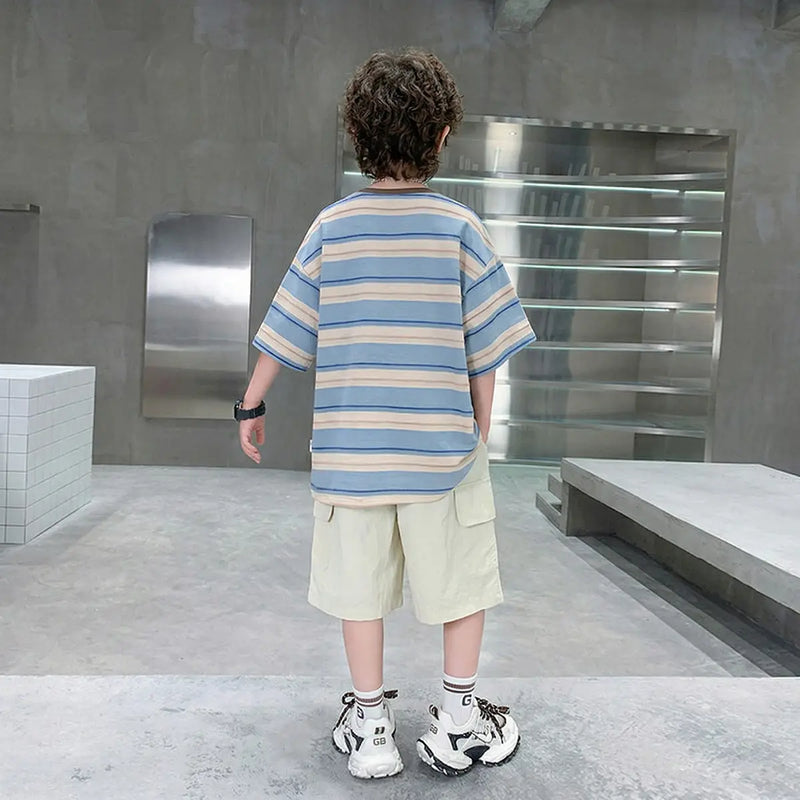 Boys Blue Striped Oversized T-Shirt With Shorts Sets Sets