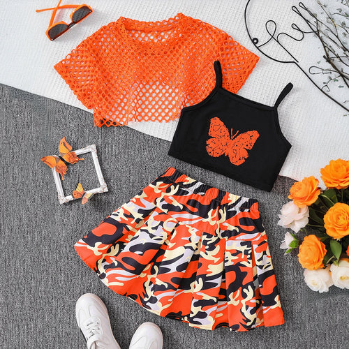 Girls Orange Crop Top With Camisole Top & Printed Skirt Sets 3 pc. Sets Orange 3-4 Y