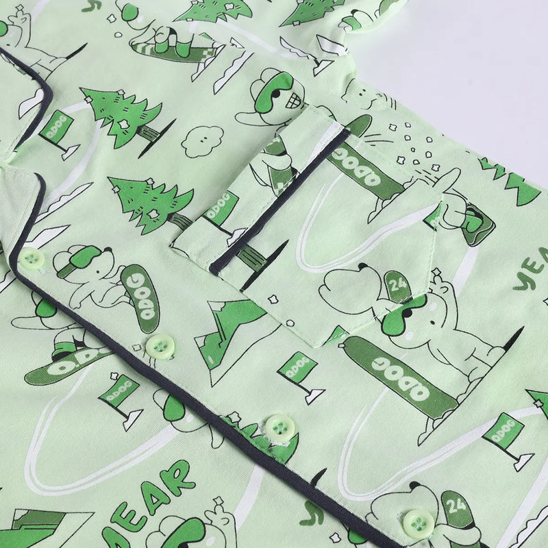 Girls Lime Green Printed Short Sleeve Shirt With Elasticated Pants Sets Sets