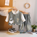 Boys Blue Light Wash Denim Vest With Shirt And Denim Trousers Sets