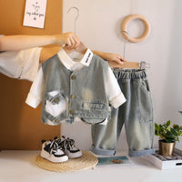 Boys Blue Light Wash Denim Vest With Shirt And Denim Trousers Sets 3 pc. Sets Blue 1-2 Y
