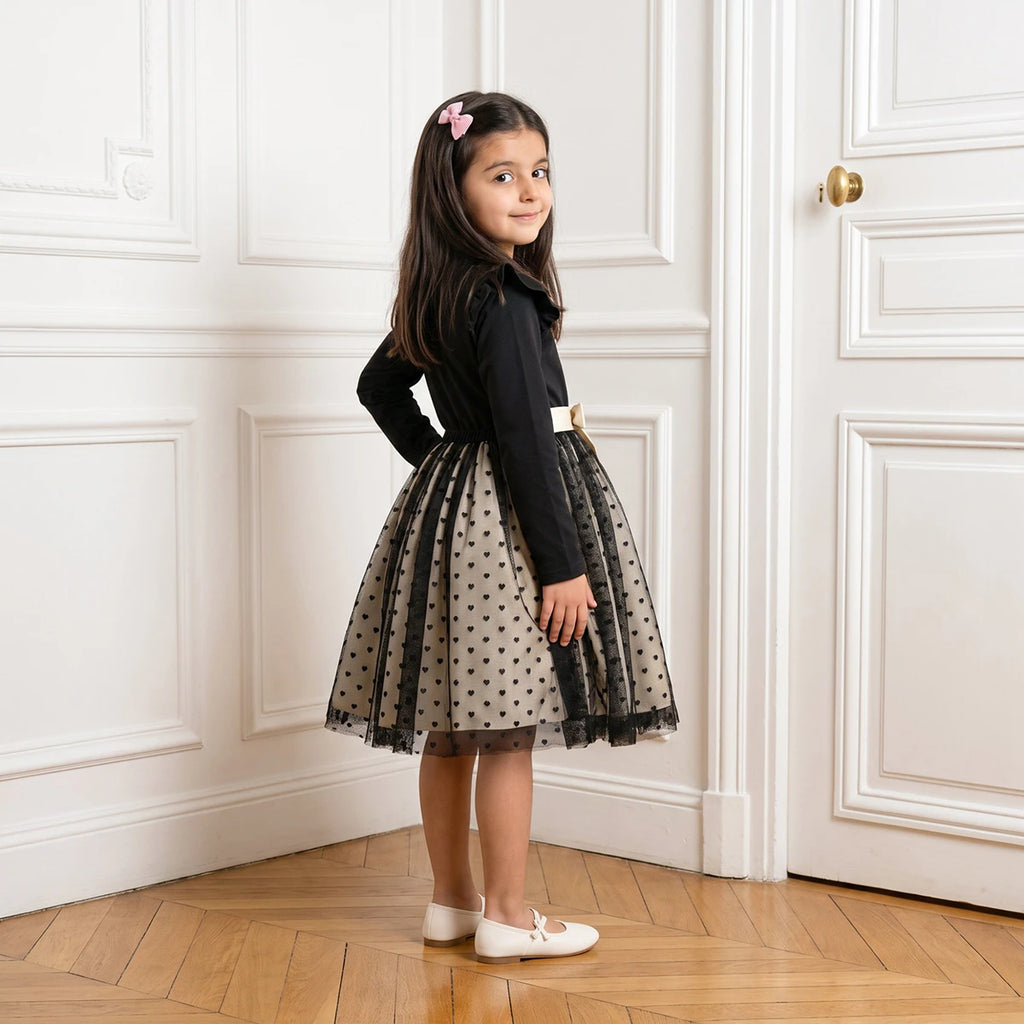 Girls Black Heart Print Long Sleeve Fit & Flare Dress Casual Dresses