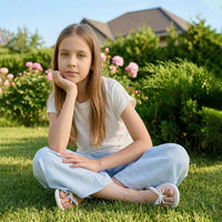 Girls Solid Short Sleeves Ruched Top With Sky Blue Wide -Leg Pant Sets Sets