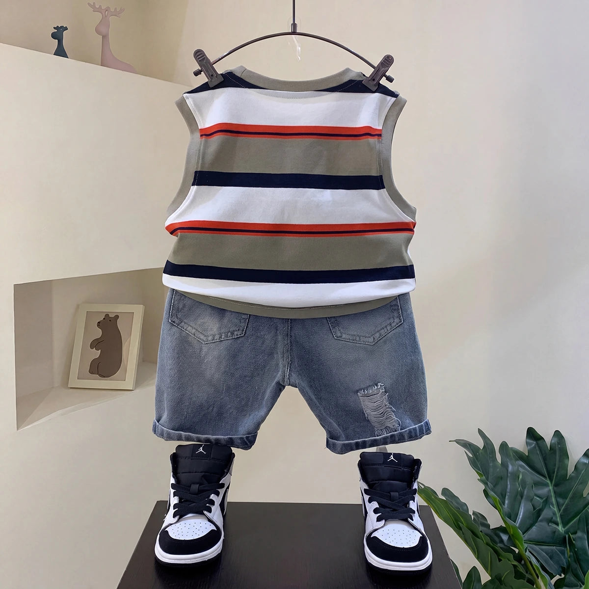 Boys Multicolour Striped T-Shirt With Denim Shorts Sets 2 pc. Sets