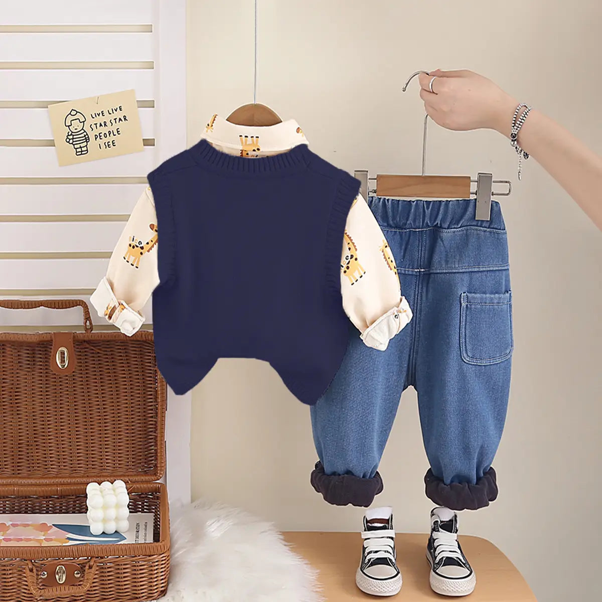 Boys Navy Blue Giraffe Patch Embroidered Sweater Vest With Shirt & Denim Jogger Sets Sets