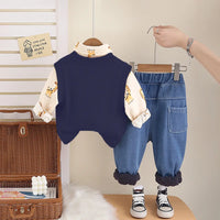 Boys Navy Blue Giraffe Patch Embroidered Sweater Vest With Shirt & Denim Jogger Sets Sets