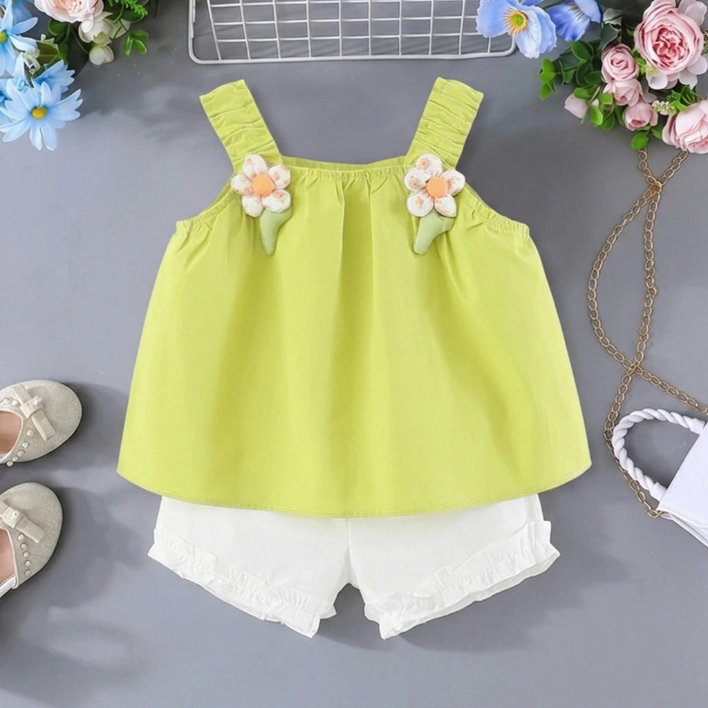 Girls Lime Green 3D Flower Applique Ruffle Top With Shorts Sets Sets Lime Green 1-2 Y