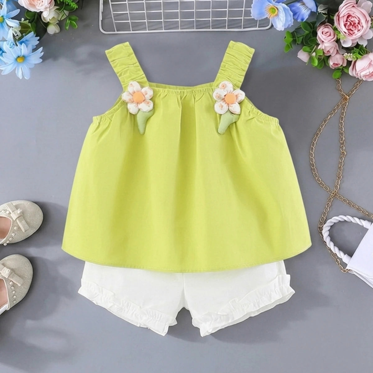 Girls Lime Green 3D Flower Applique Ruffle Top With Shorts Sets Sets Lime Green 1-2 Y