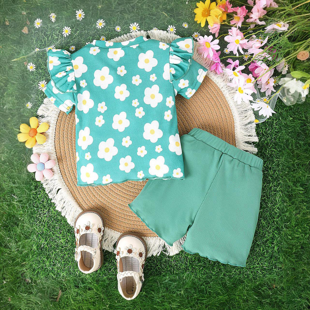 Girls Short Sleeve Flower Printed T-Shirt With Shorts Set 2 pc. Sets   