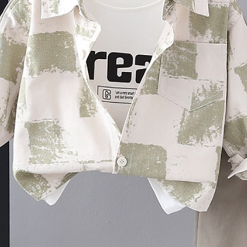 Boys Green Abstract Printed Shirt With T-Shirt and Pants Set Sets