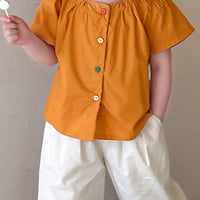 Girls Bright Orange Puff Sleeve Button-Down Top With Pants Sets Sets