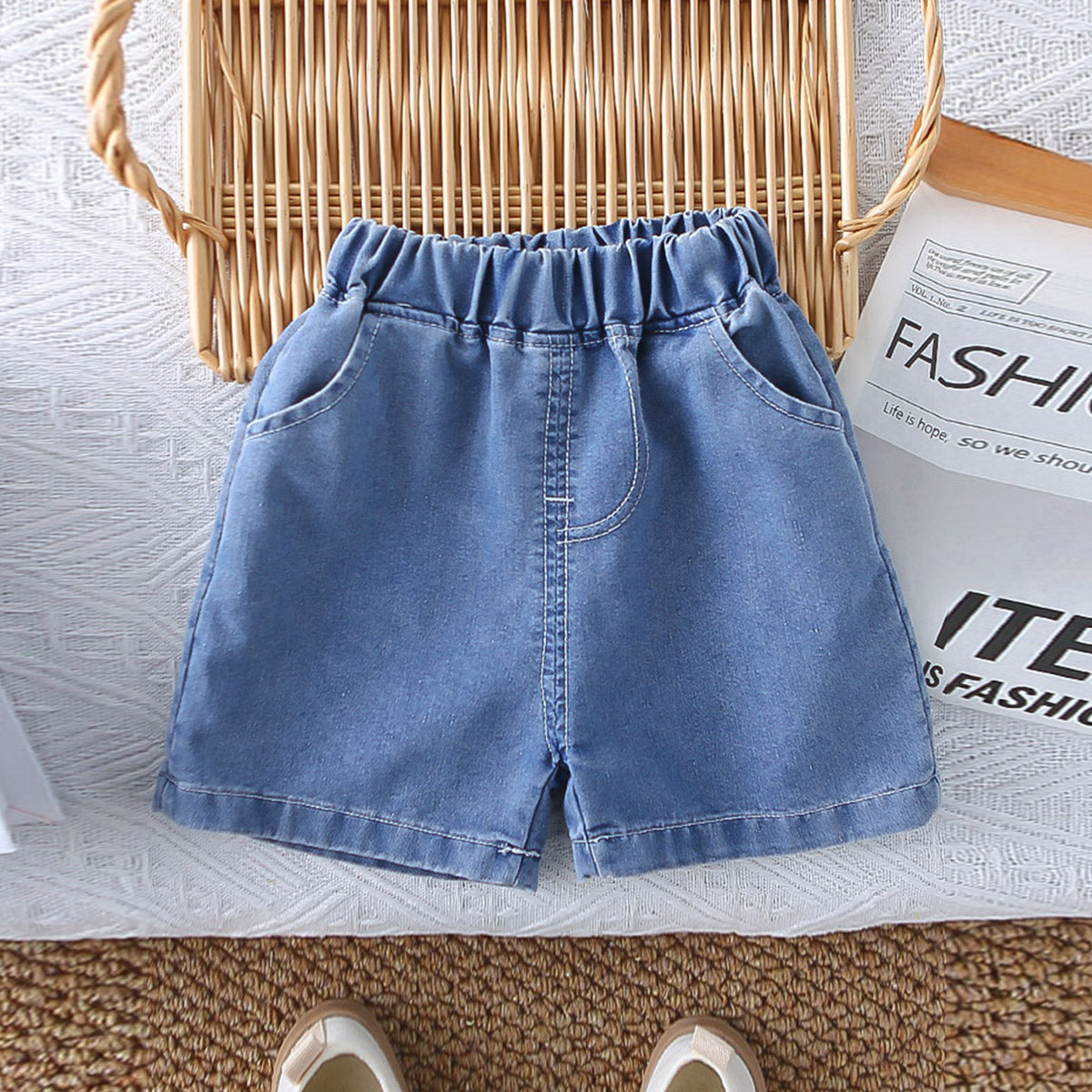 Boys Light Brown Car Printed Short Sleeves T-Shirt With Denim Shorts Set 2 pc. Sets