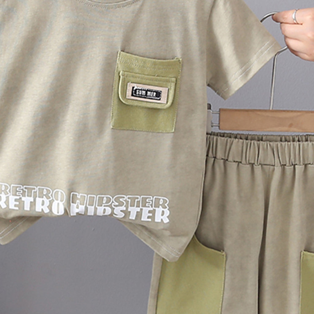 Boys Green Typographic Printed T-Shirt With Contrast Pockets Shorts Set 2 pc. Sets