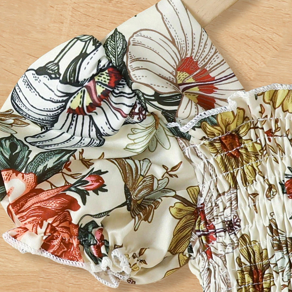 Girls Off-White Floral Print Smocked Casual Dress Casual Dresses