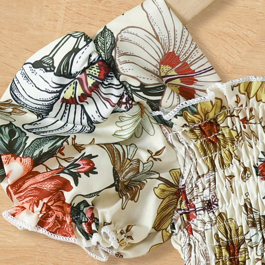 Girls Off-White Floral Print Smocked Casual Dress Casual Dresses