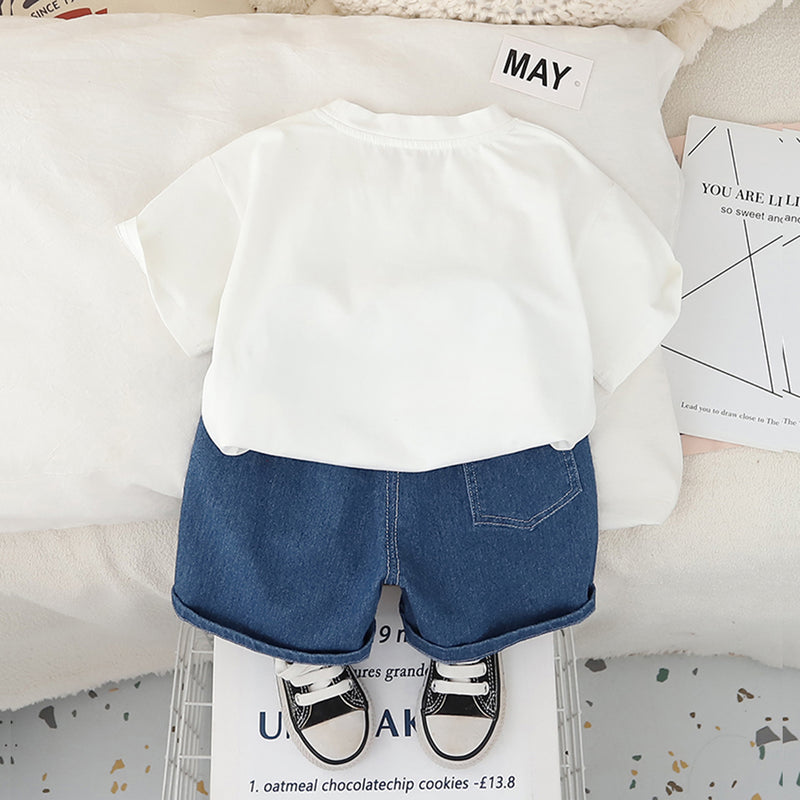 Boys White Excavator Printed T-Shirt With Denim Shorts Set 2 pc. Sets