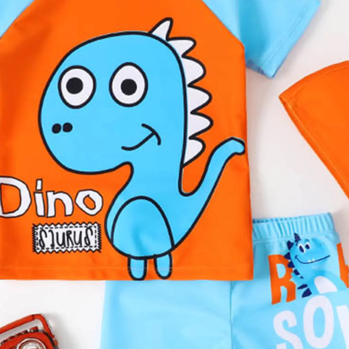Boys Orange Dinosaur Print T-Shirt With Shorts & Swim Cap Swimwear Sets Beachwear