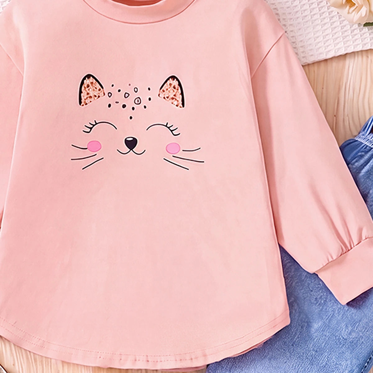 Girls Light Pink Graphic Top With Denim Jeans Sets 2 pc. Sets