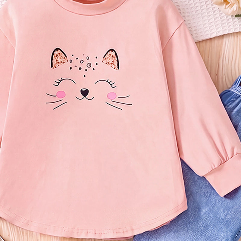 Girls Light Pink Graphic Top With Denim Jeans Sets 2 pc. Sets