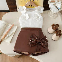 Girls White Floral Applique Sleeveless Top With Faux Leather Skirt Sets 2 pc. Sets White 3-4 Y