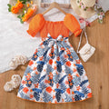 Girls Orange Floral Print Smocked Puff Sleeve Belted Fit & Flare Dress Casual Dresses Orange 2-3 Y