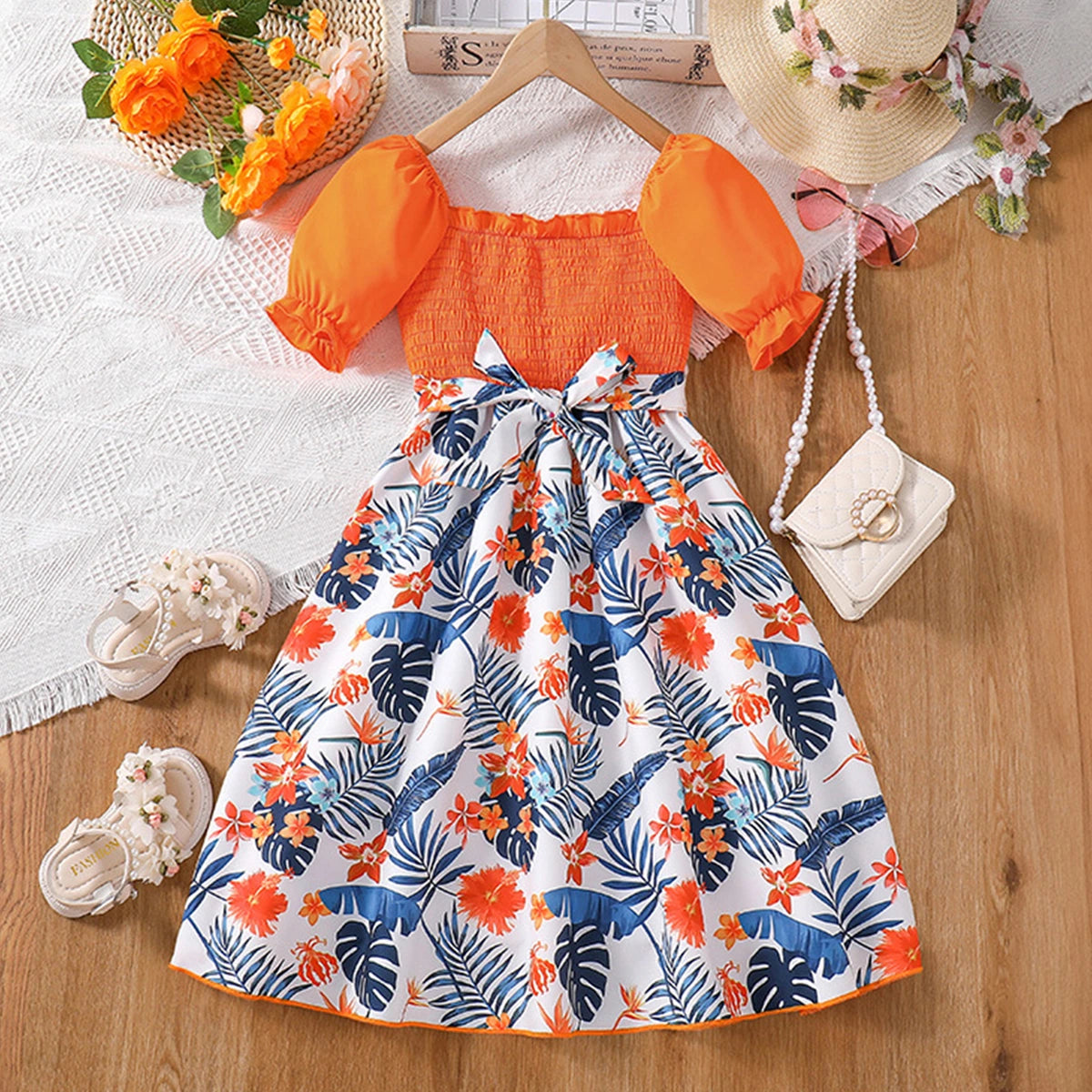 Girls Orange Floral Print Smocked Puff Sleeve Belted Fit & Flare Dress Casual Dresses Orange 2-3 Y