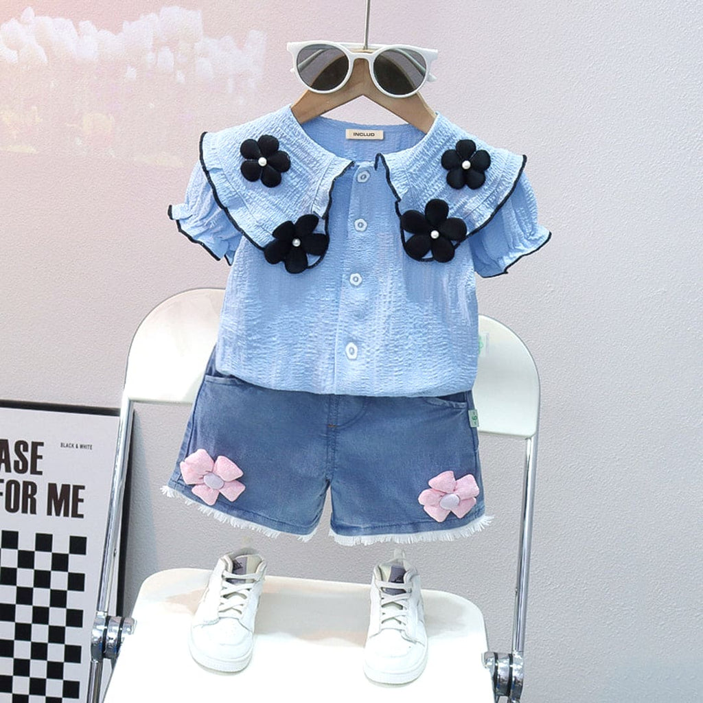 Girls Blue Flower Applique Top With Shorts Set Sets Sky Blue 1-2 Y 