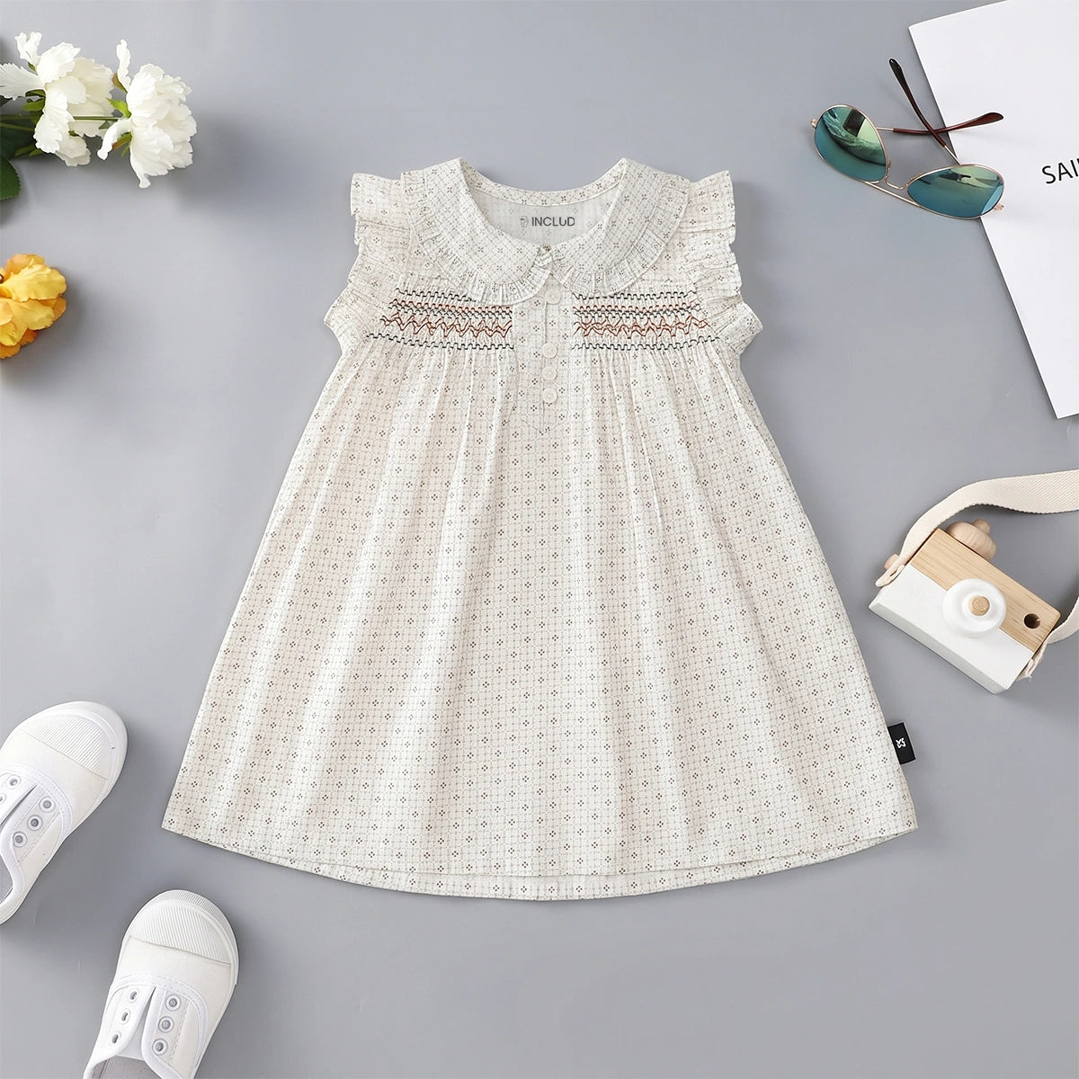 Girls Off White Embroidered Peter Pan Collar A-line Dress Casual Dresses Off White 2-3 Y