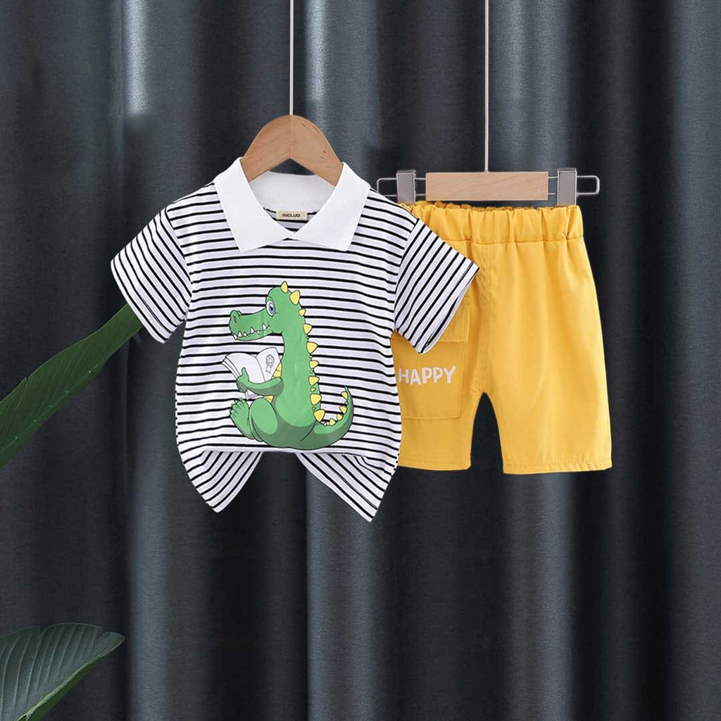 Boys Dinosaur Printed Striped Polo T-shirt with Shorts Set