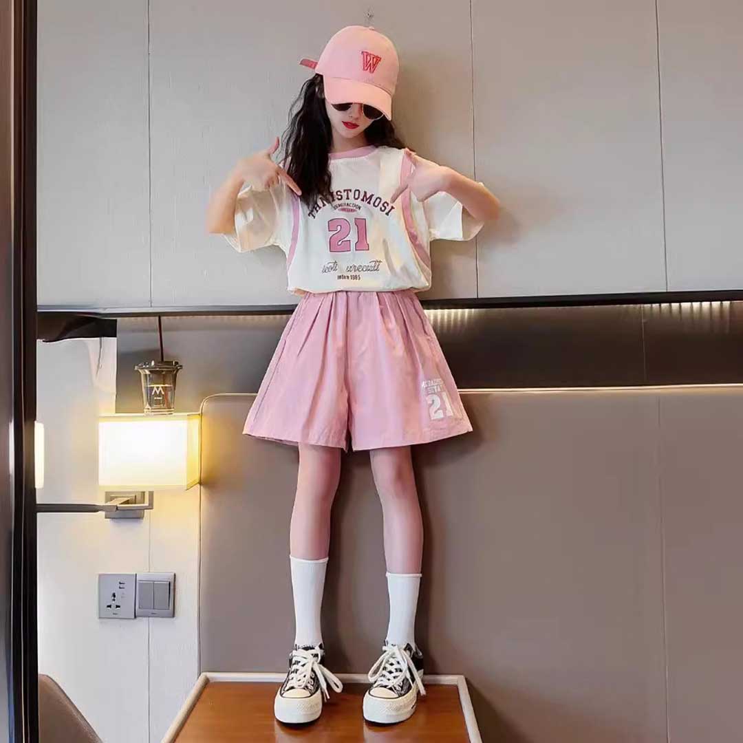 Girls Short Sleeve Typography Print T-Shirt With Shorts Set 2 pc. Sets Pink 5-6 Y 