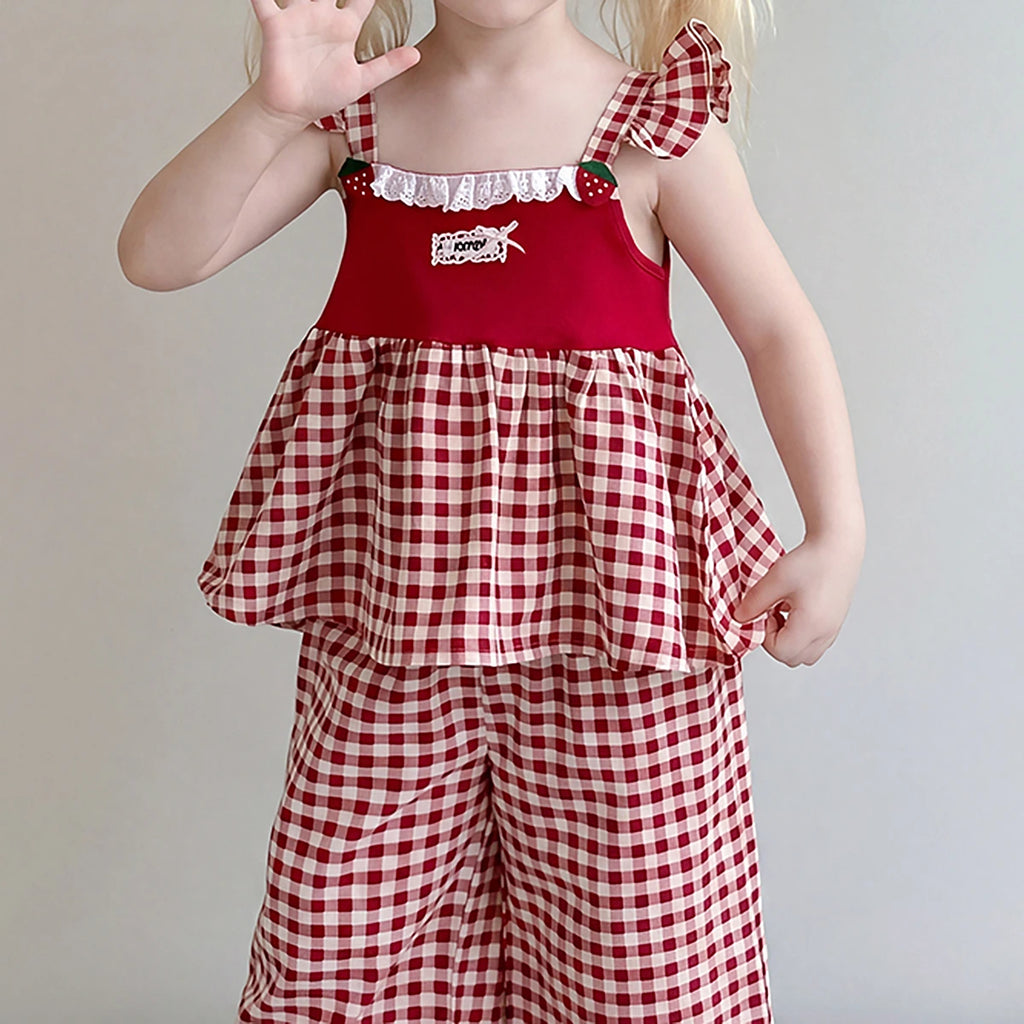 Girls Red Checked Sleeveless Top With Pants Sets 2 pc. Sets