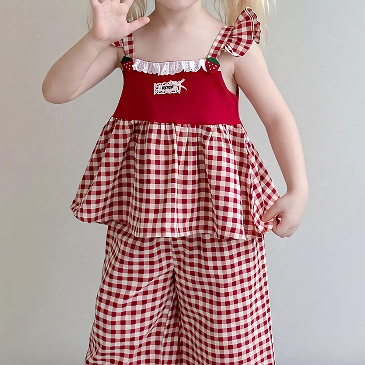 Girls Red Checked Sleeveless Top With Pants Sets 2 pc. Sets