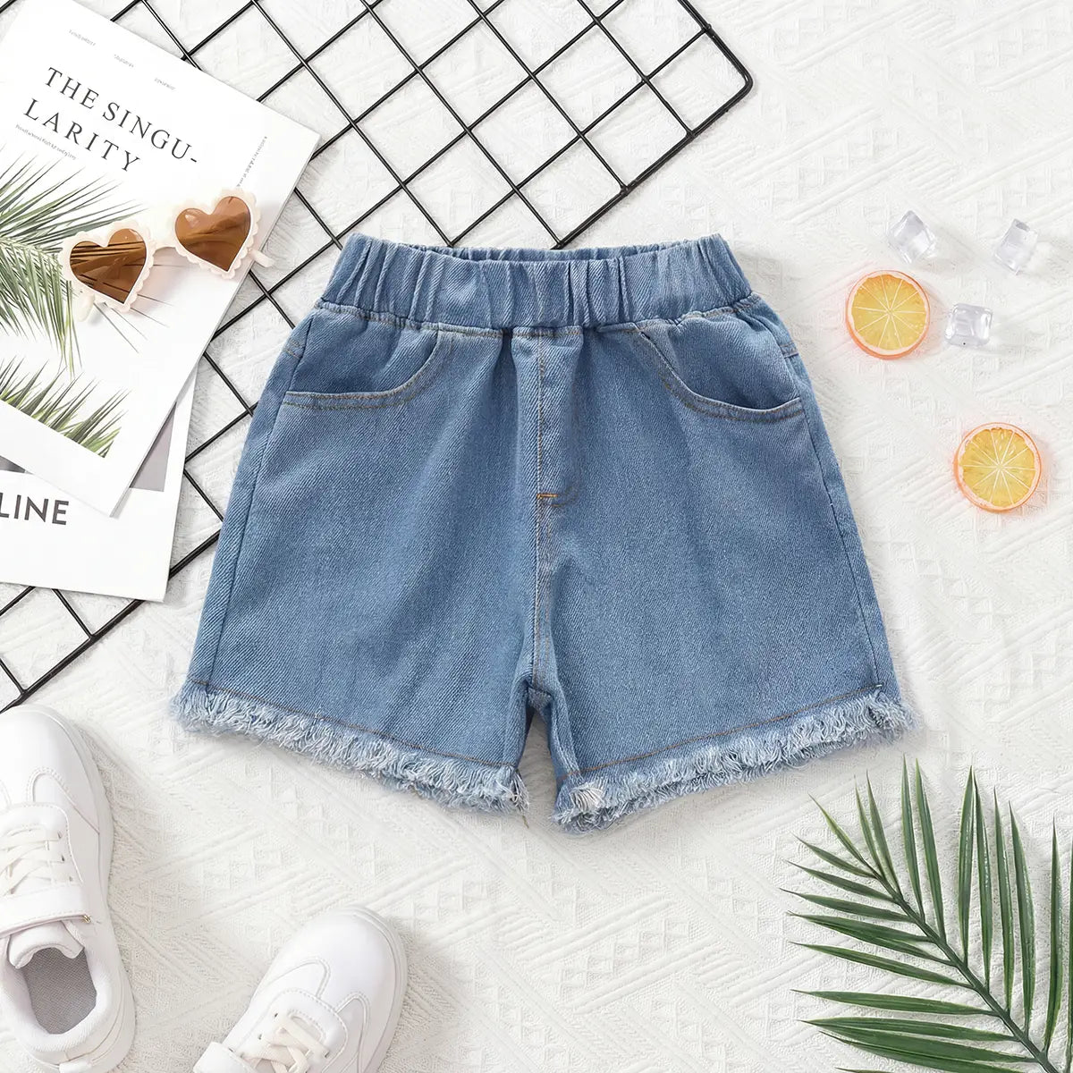 Girls Blue Solid Denim Shorts With Elasticated Waistband Shorts Blue 2-3 Y
