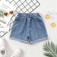 Girls Blue Solid Denim Shorts With Elasticated Waistband Shorts Blue 2-3 Y