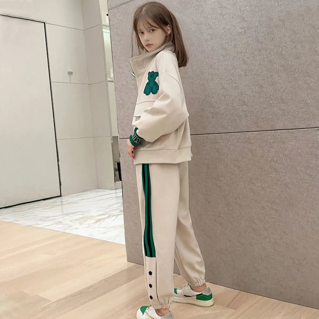 Girls Beige Bear Embroidered Zipper Jacket With Jogger Co-ord Sets Sets