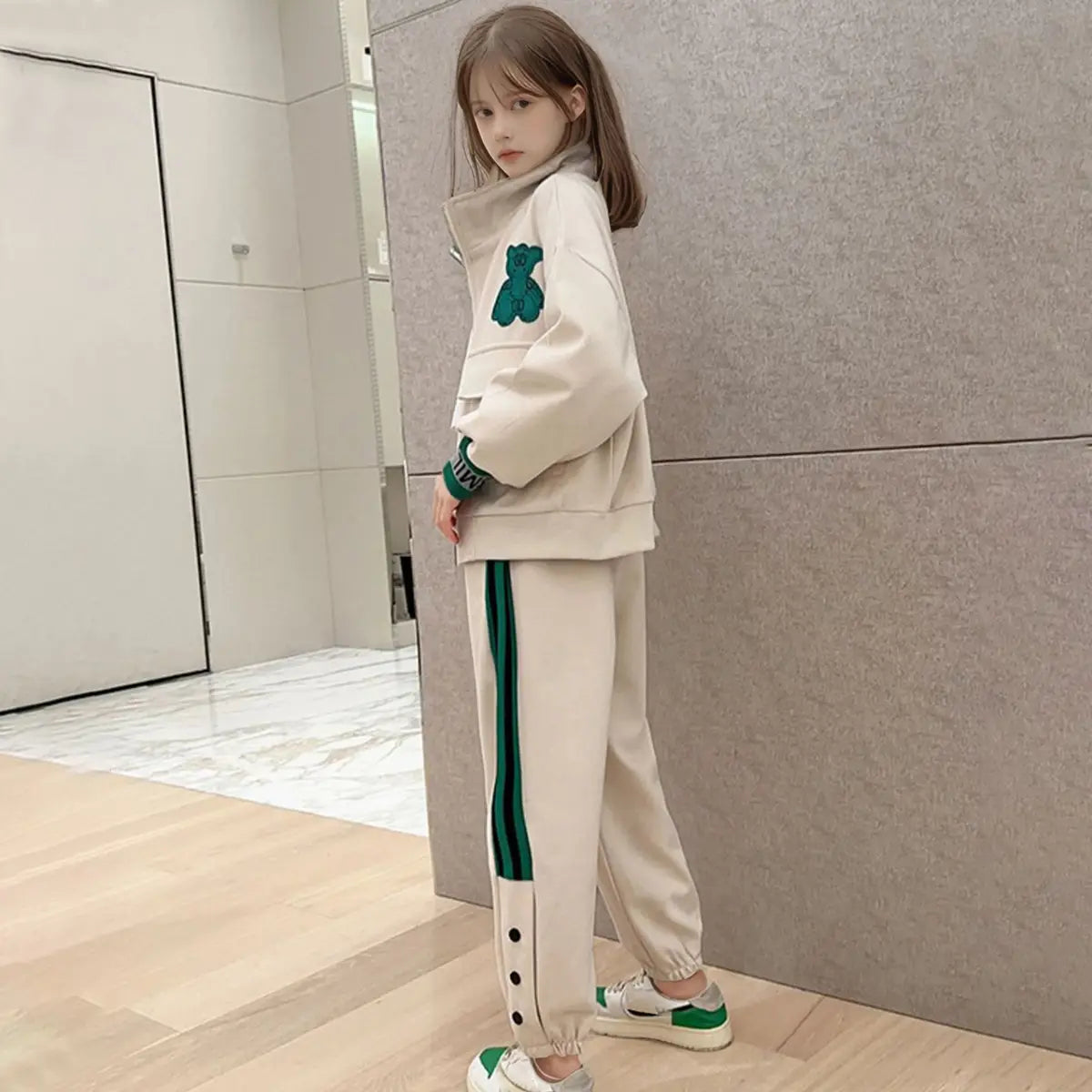 Girls Beige Bear Embroidered Zipper Jacket With Jogger Co-ord Sets Sets