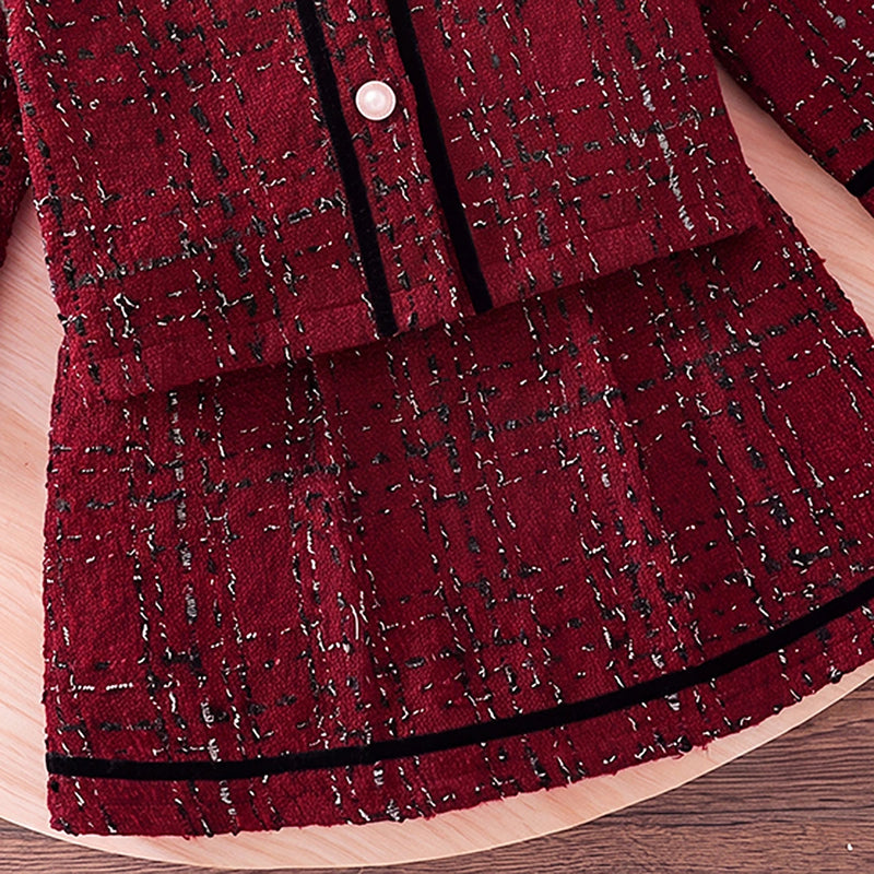 Girls Burgundy Checked Long Sleeve Jacket With Skirt Sets 2 pc. Sets