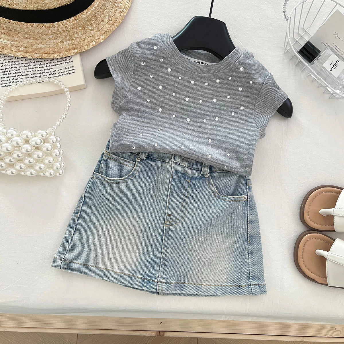 Girls Grey Rhinestone Embellished Ribbed Top and Denim Skirt Sets 2 pc. Sets