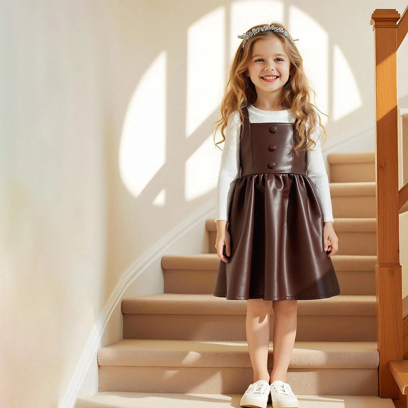 Girls Brown Faux Leather Pinafore Dress With Long Sleeves T-Shirt Casual Dresses
