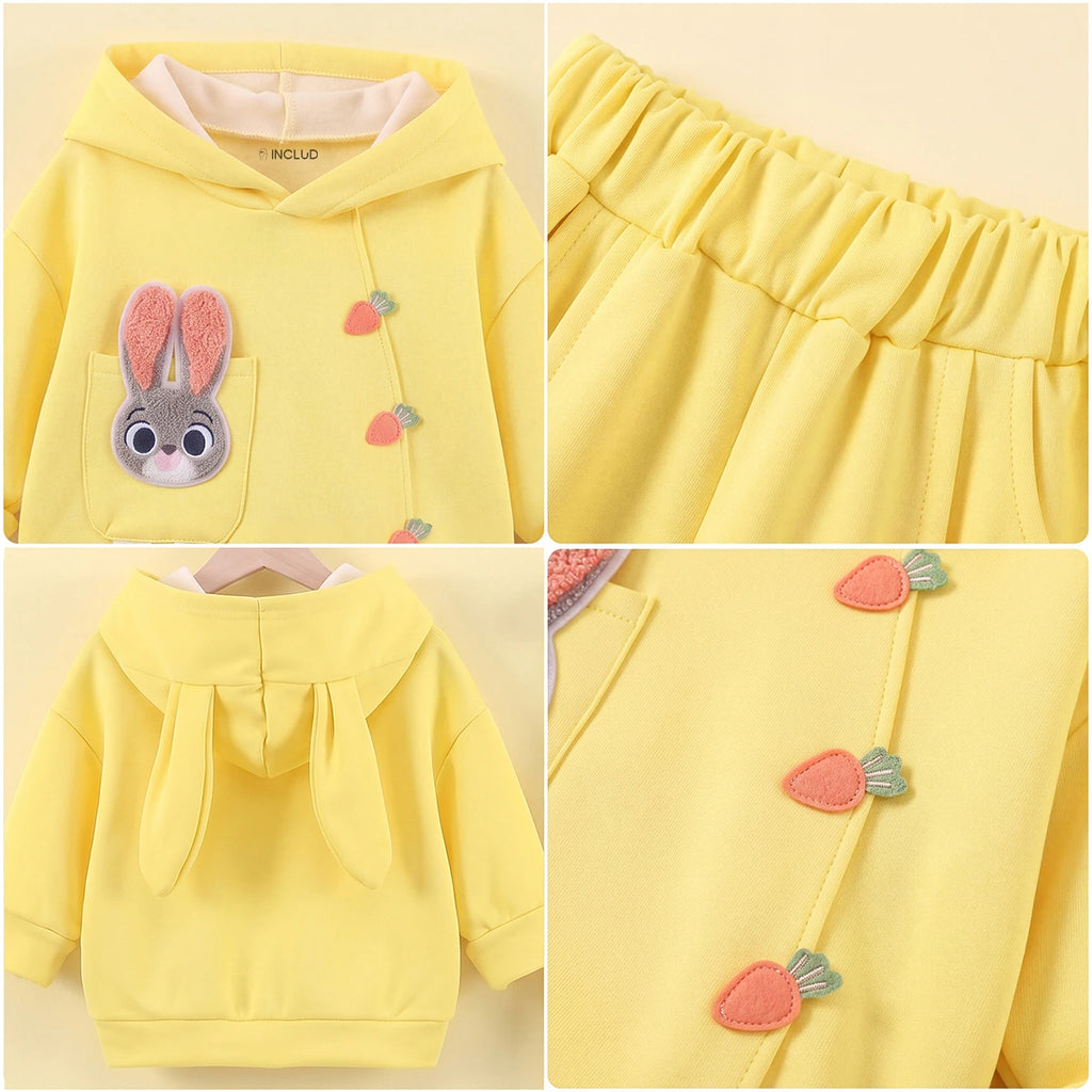 Girls Yellow Solid Rabbit Applique Hooded Sweatshirt With joggers Set 2 pc. Sets