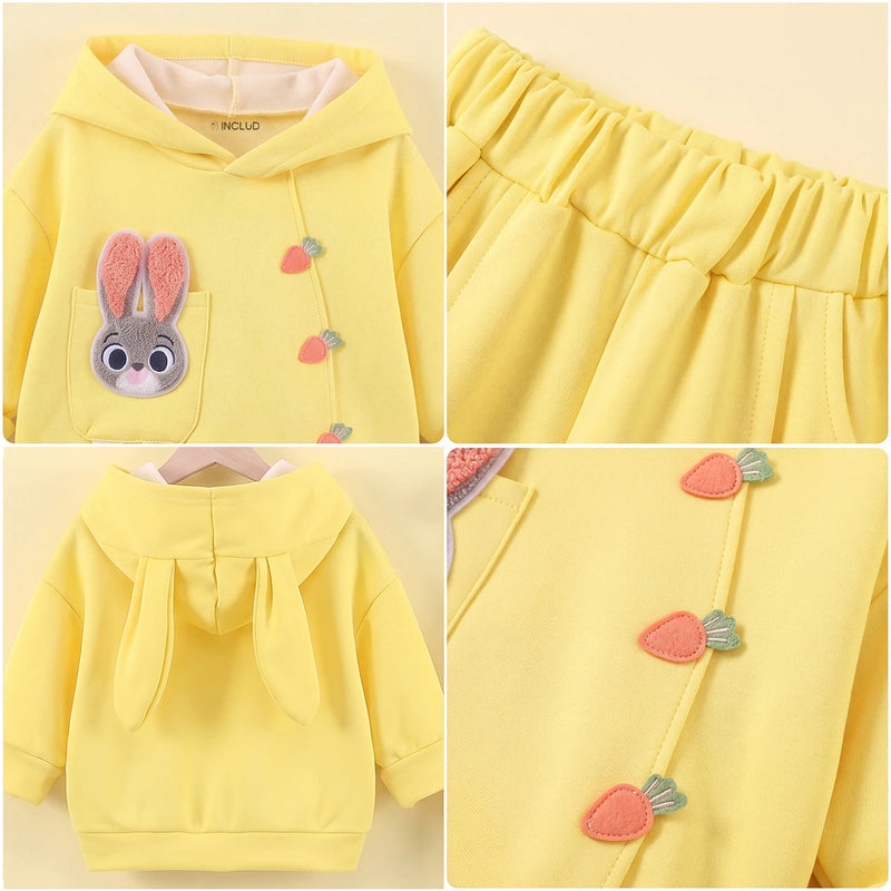 Girls Yellow Solid Rabbit Applique Hooded Sweatshirt With joggers Set 2 pc. Sets