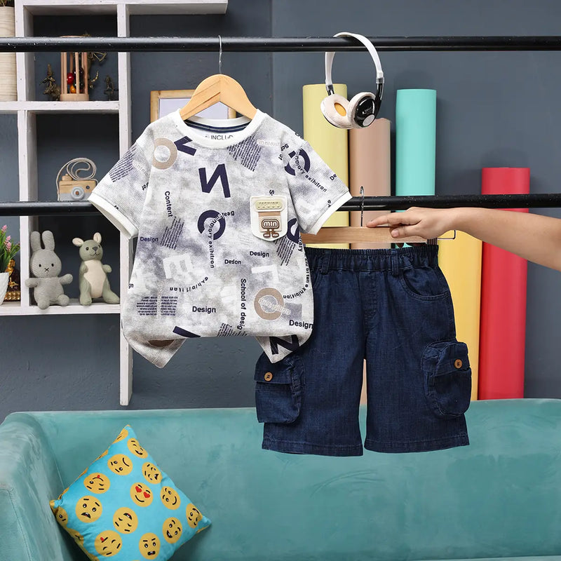 Boys White Alphanumeric Printed T-Shirt With Denim Shorts Sets 2 pc. Sets White 1-2 Y