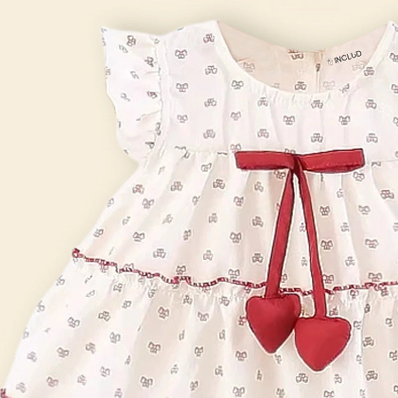 Girls White All-over Bow Printed Tiered A-line Dress Casual Dresses