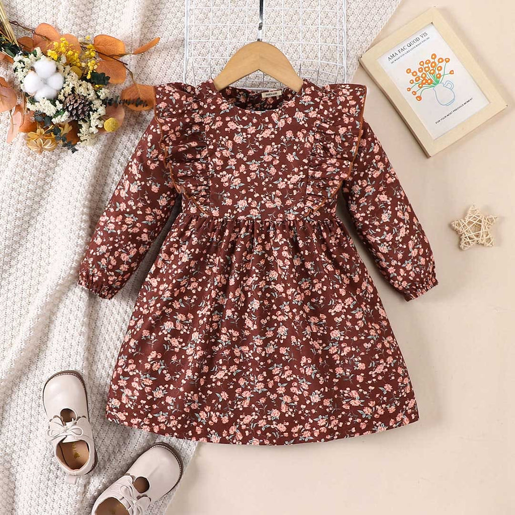 Girls Floral Printed Long Sleeves Fit & Flare Dress